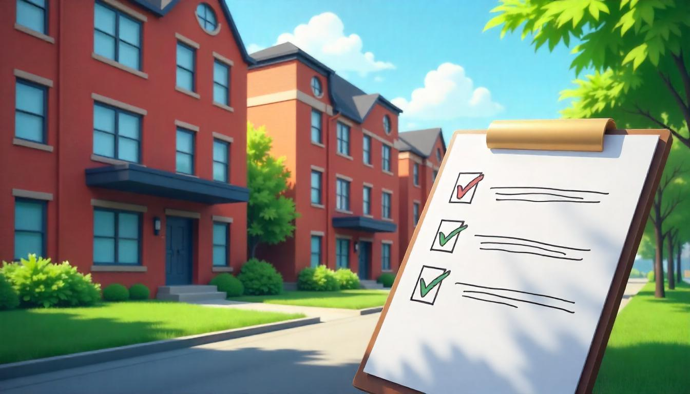 Detailed architectural illustration of a proactive property inspection list for apartment buildings, exterior view on a sunny summer day, showcasing a well-maintained red brick building with green landscaping, checklist in foreground.