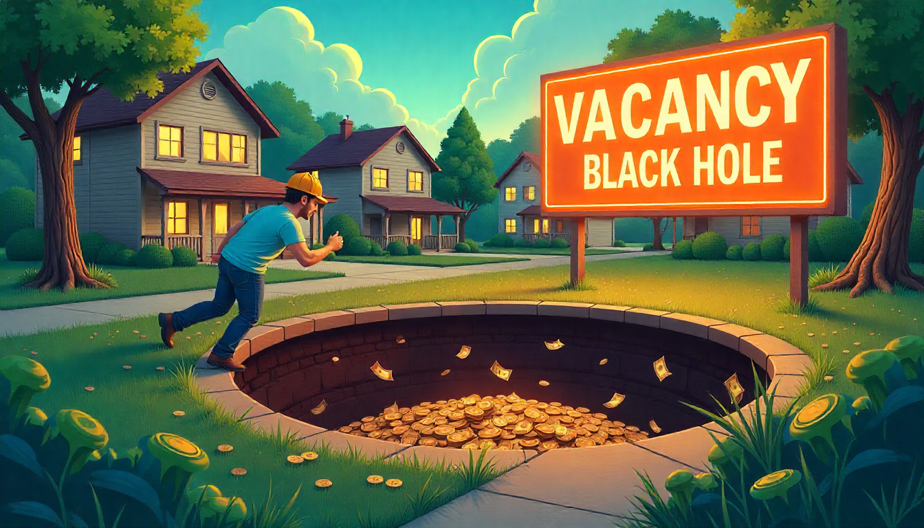 : Infographic illustration: A landlord figure desperately trying to fill a "Vacancy Black Hole" with cash, depicted as a bottomless pit
