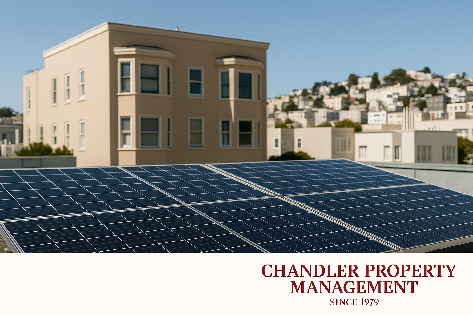 a modern San Francisco apartment building with solar panels and sustainable design details, paired with the Chandler Property Management logo neatly placed in the bottom right corner